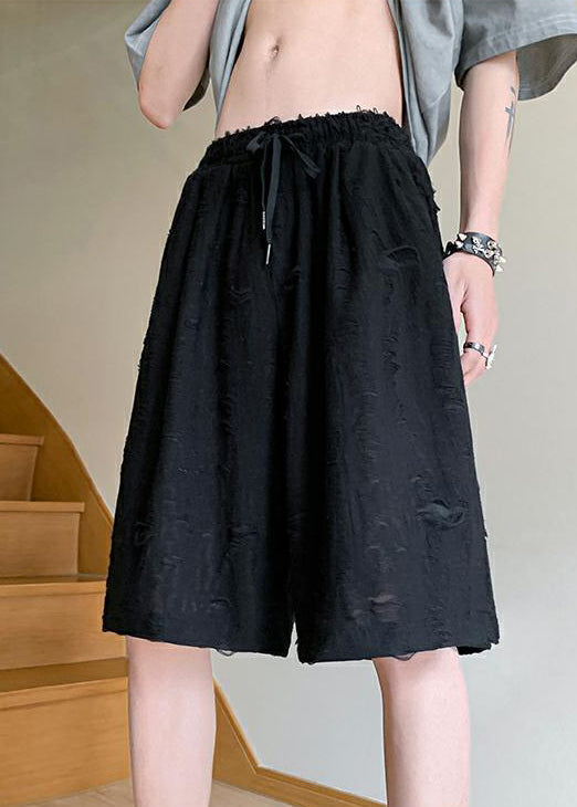 Summer Lace Up Elastic Men Hole Black Waist Shorts Cotton