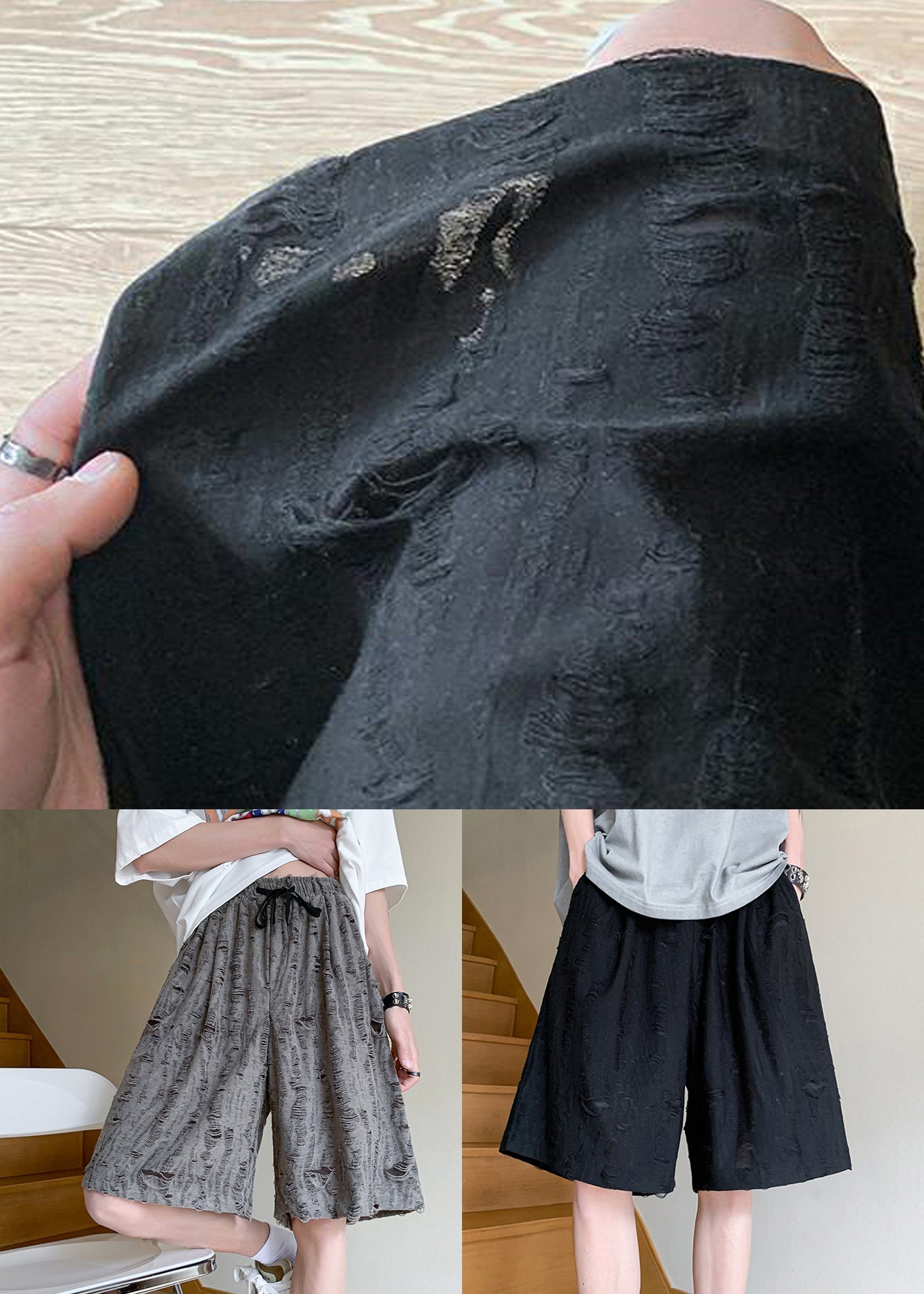 Summer Lace Up Elastic Men Hole Black Waist Shorts Cotton