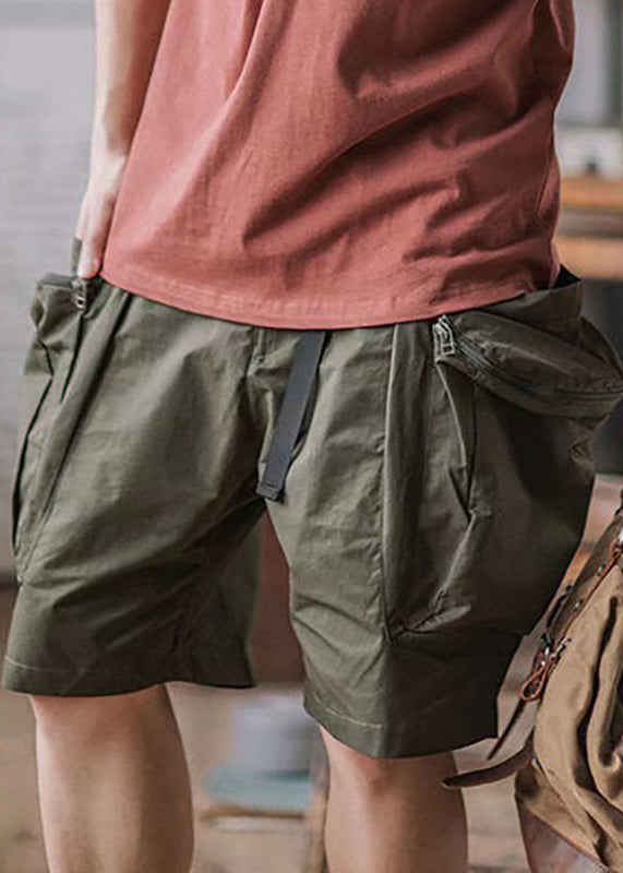 Pockets French Cotton Army Men Summer Shorts Green Zip Up