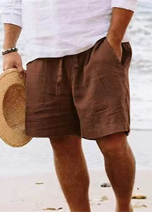 Elastic Brown Waist Cotton Summer Men Solid Pockets Shorts Simple
