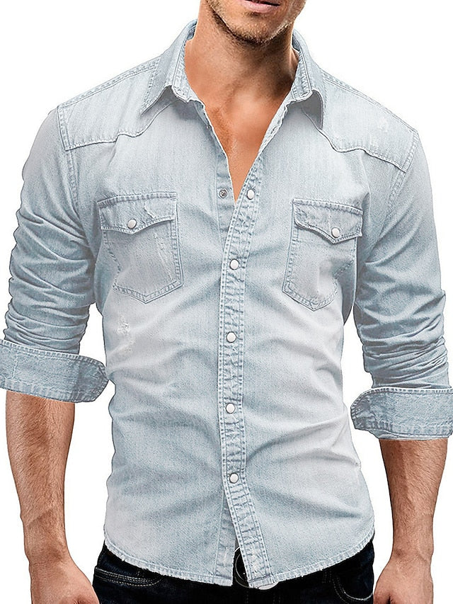 Light Men's Dark Long Denim Gray Shirt Blue Grey
