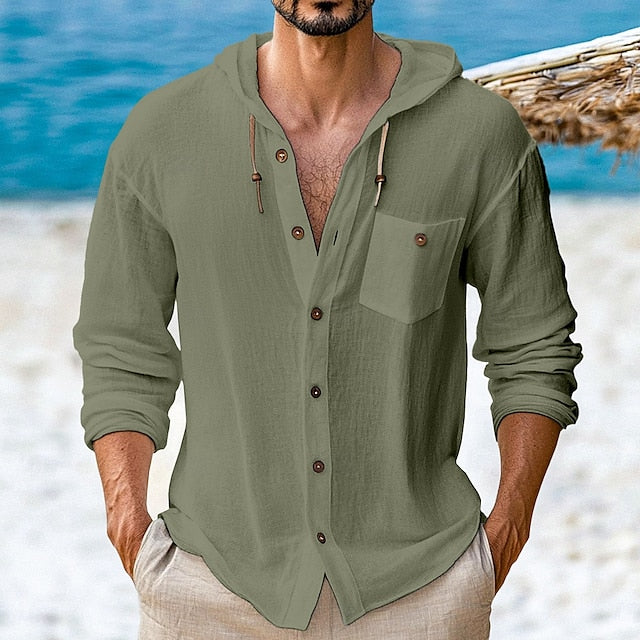 Button Up Wear Beach Hooded Men's Shirt Linen