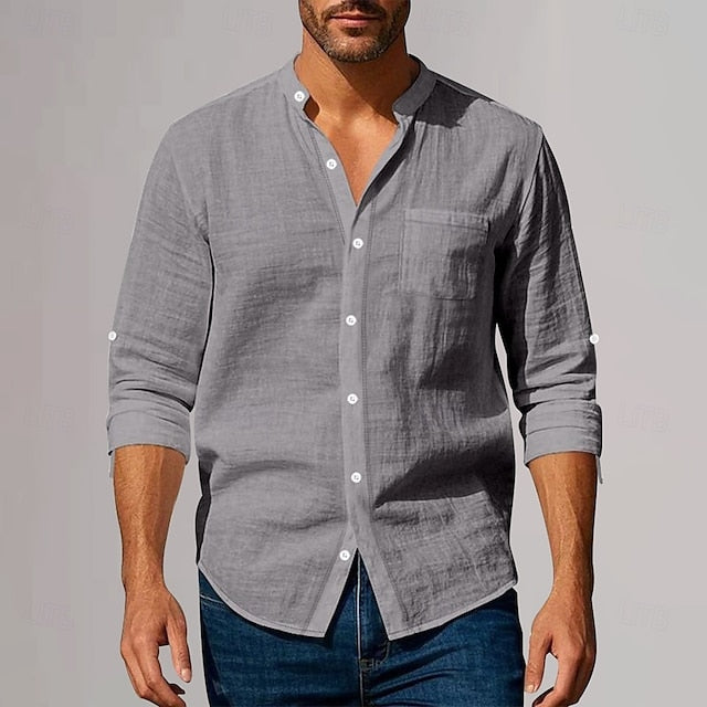 Shirt Vacation Men's Linen Cotton Plain Neck Plunging Beach