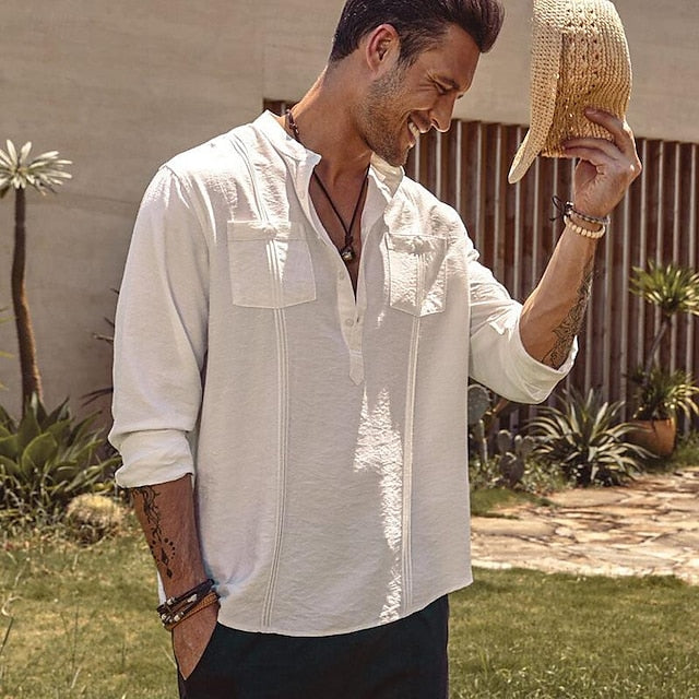 Men's Shirt Beach Button Up Wear Summer Linen
