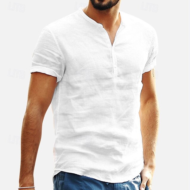 Men's Shirt Collar Linen Popover Band