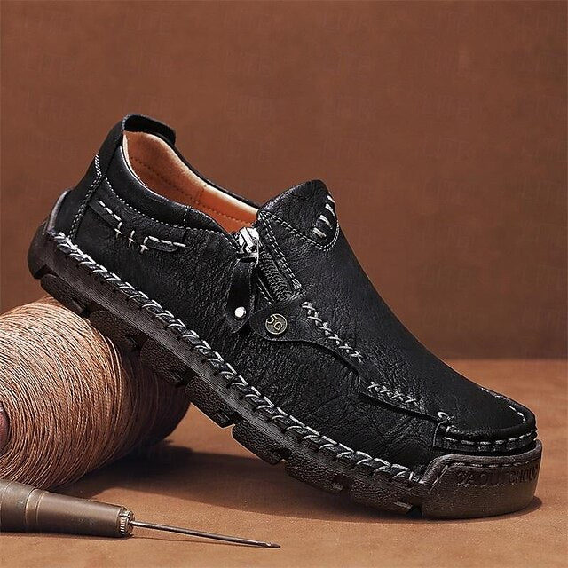 Faux Loafers Leather Brown Slip-On with Side Men's Zipper