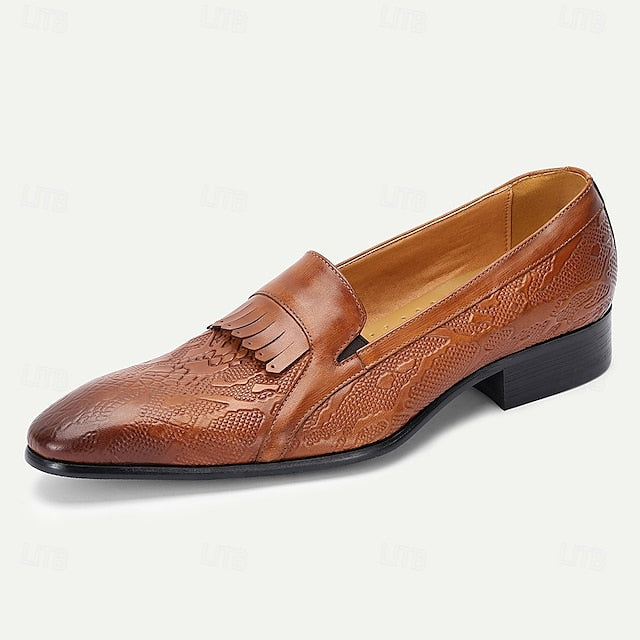 Black Men's Decorative Cowhide Premium Slip-On Loafers with