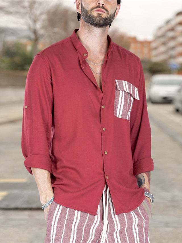 Shirt Button Up Casual Summer Men's Red