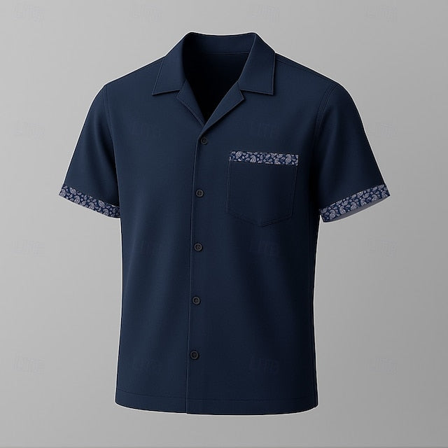 Collar Shirt Cuban Navy Sleeve Blue Paisley Short Men's