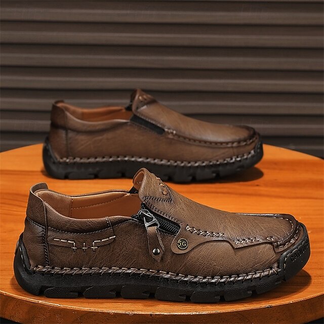 Faux Loafers Leather Brown Slip-On with Side Men's Zipper