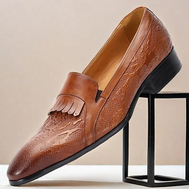 Black Men's Decorative Cowhide Premium Slip-On Loafers with