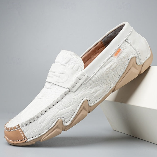 Leather Black with Loafers Faux Men's White Crocodile