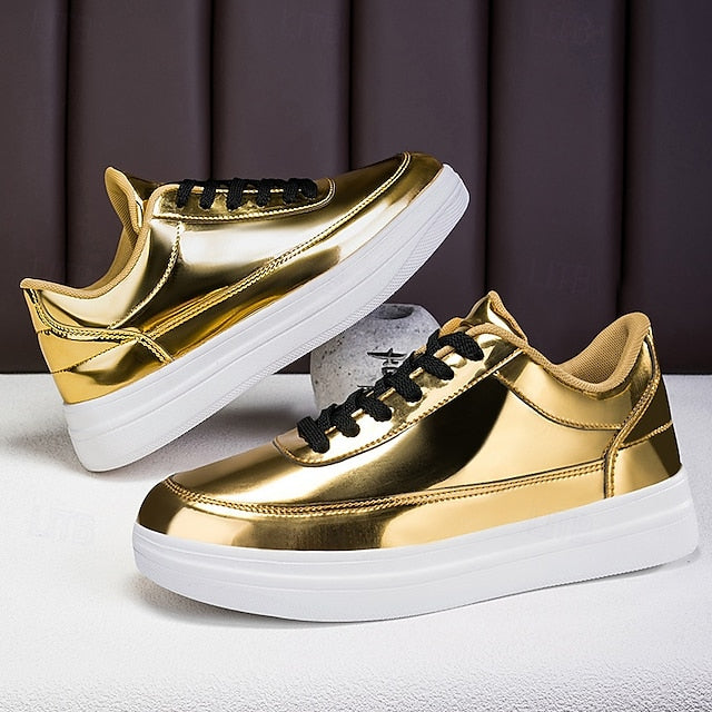Stylish Gold Sneakers Low-Top – Men's Lace-Up Metallic