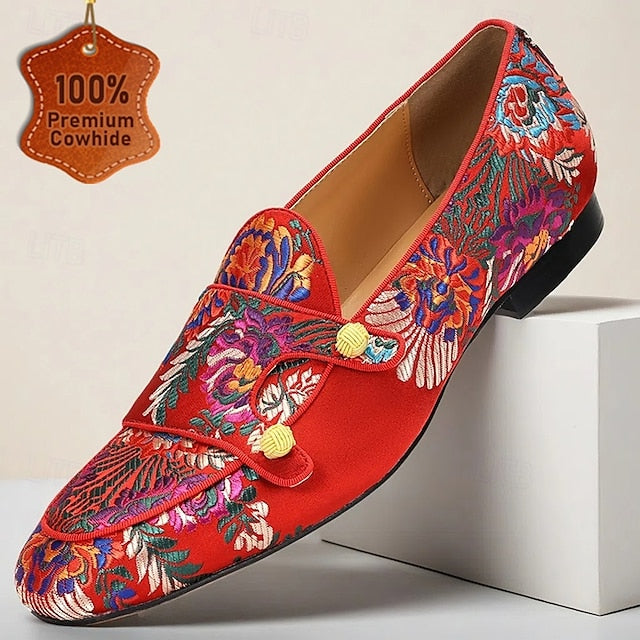 Cowhide with Embroidery Mules Red and Premium Floral Men's