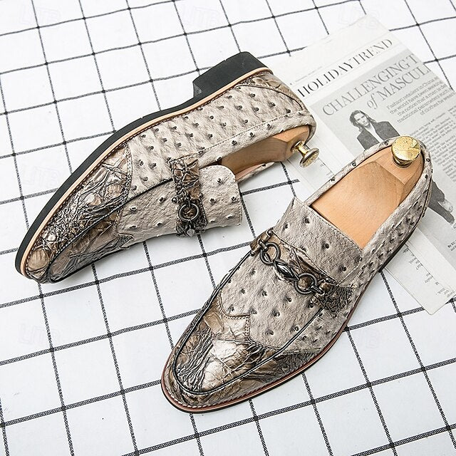 Brown – Men's Loafers Pattern Ostrich with Suede Faux