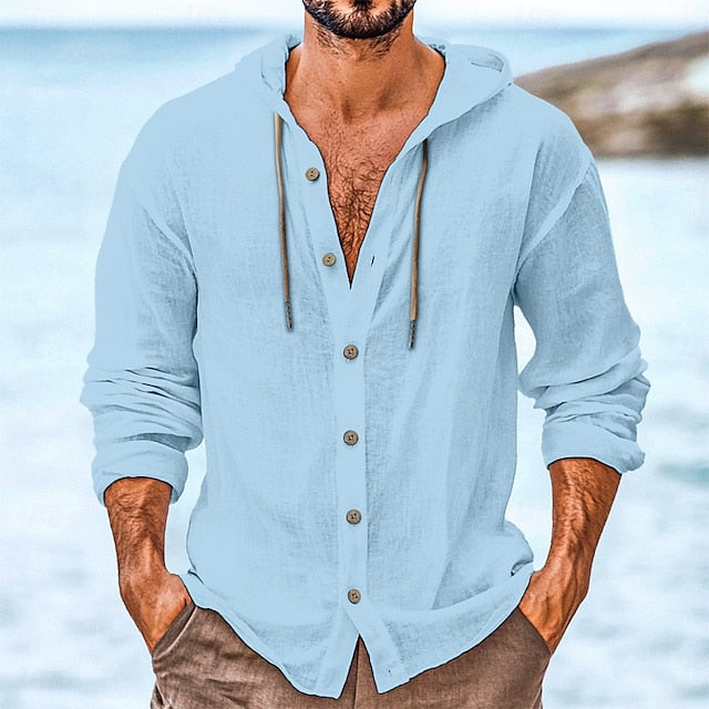 Hooded Linen Men's Button Beach Shirt Up Wear
