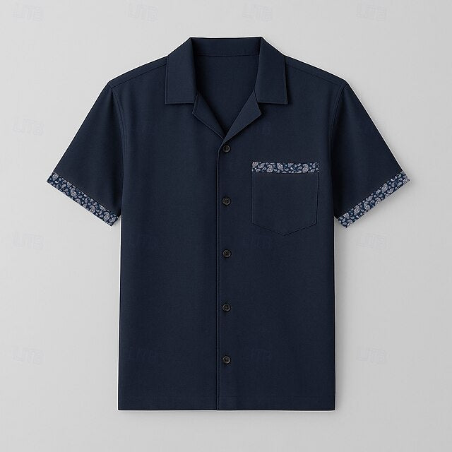 Collar Shirt Cuban Navy Sleeve Blue Paisley Short Men's