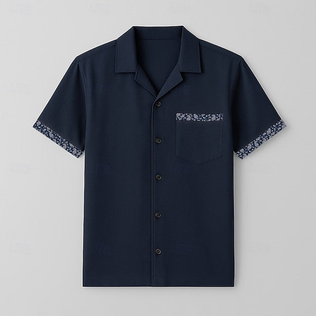 Cuban Sleeve Navy Blue Shirt Short Paisley Collar Men's