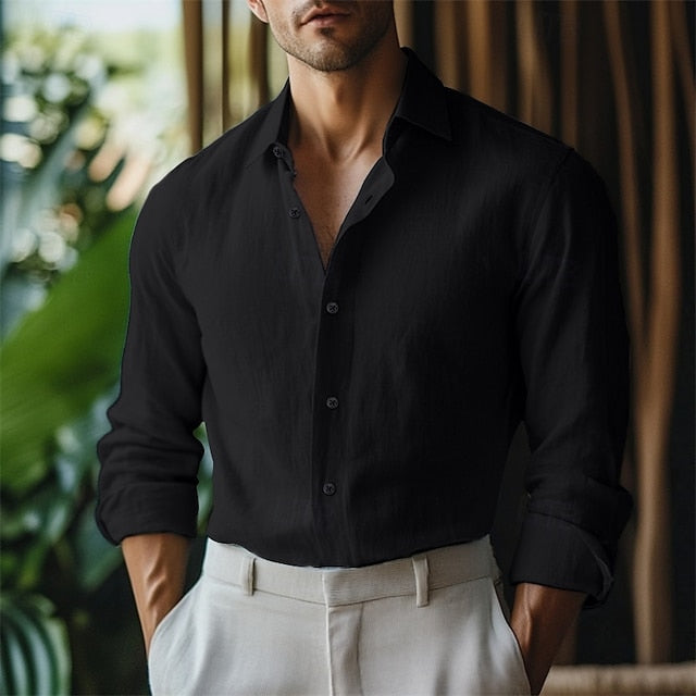 Summer Men's Linen Button Up Shirt Plain