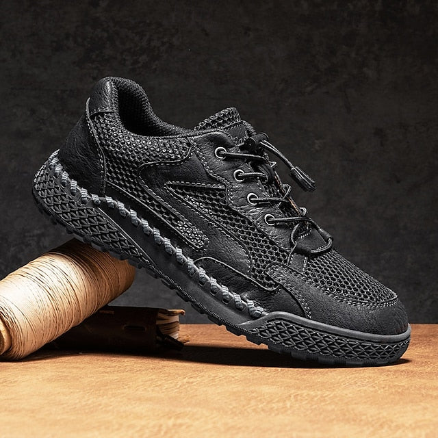 Men's Tan Breathable Mesh Lace-up with Design Sneakers