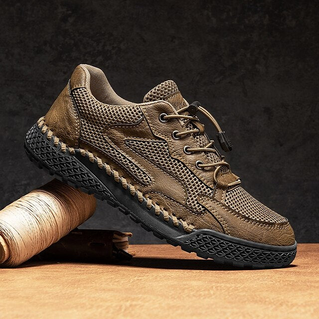 Men's Tan Breathable Mesh Lace-up with Design Sneakers