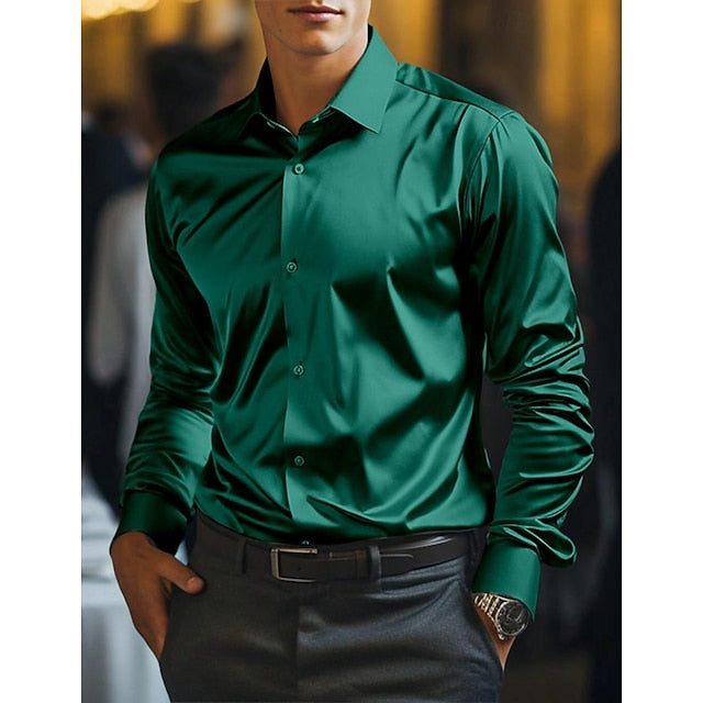 Button Shirt Casual Satin Plain Men's Up