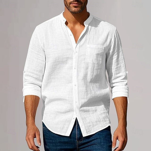 Shirt Vacation Men's Linen Cotton Plain Neck Plunging Beach