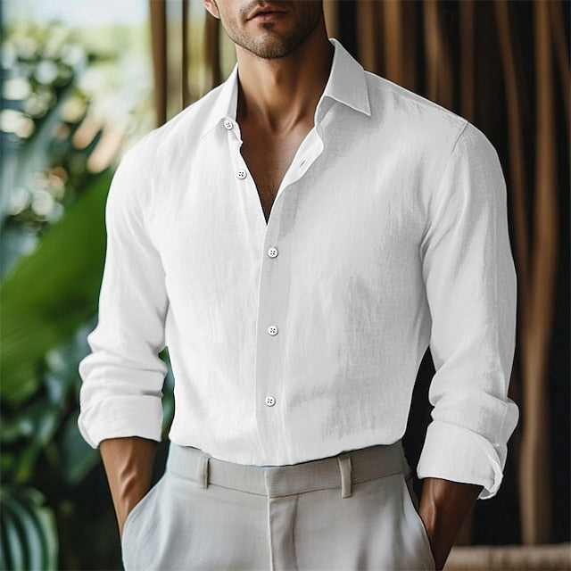 Summer Men's Linen Button Up Shirt Plain