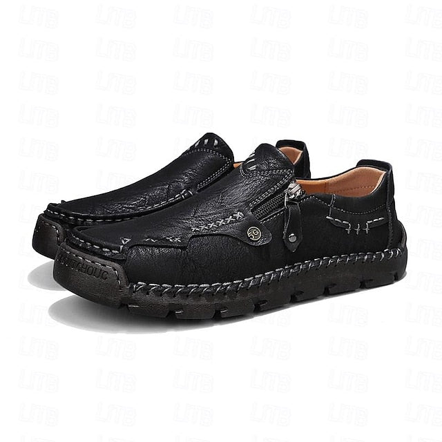 Faux Loafers Leather Brown Slip-On with Side Men's Zipper