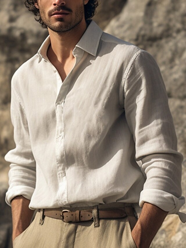 Summer Linen Shirt Beach Button Men's Wear Up
