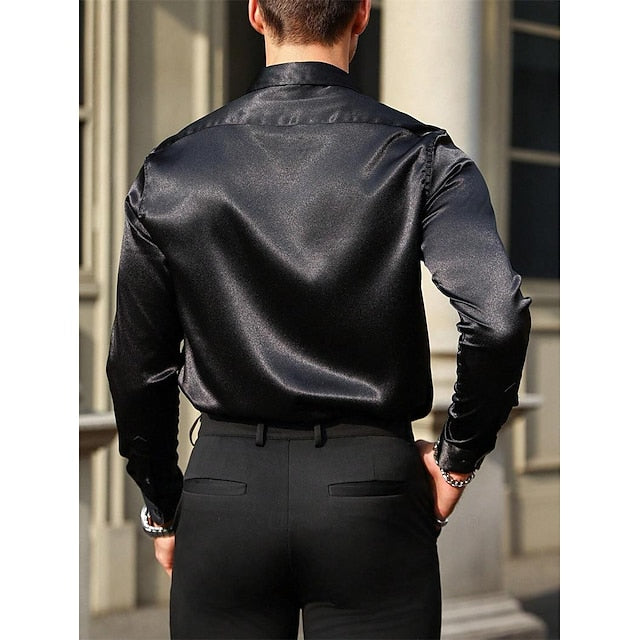 Button Shirt Casual Satin Plain Men's Up