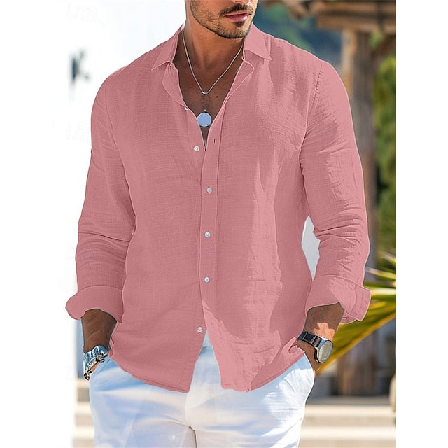 Summer Men's Shirt Up Button Linen Beach Wear
