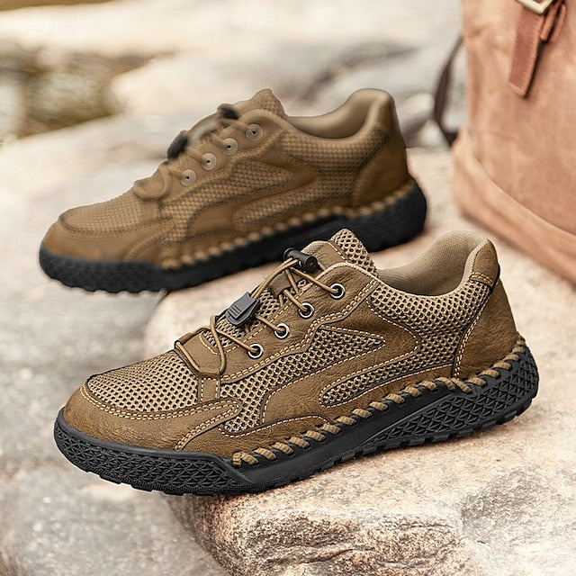 Men's Tan Breathable Mesh Lace-up with Design Sneakers