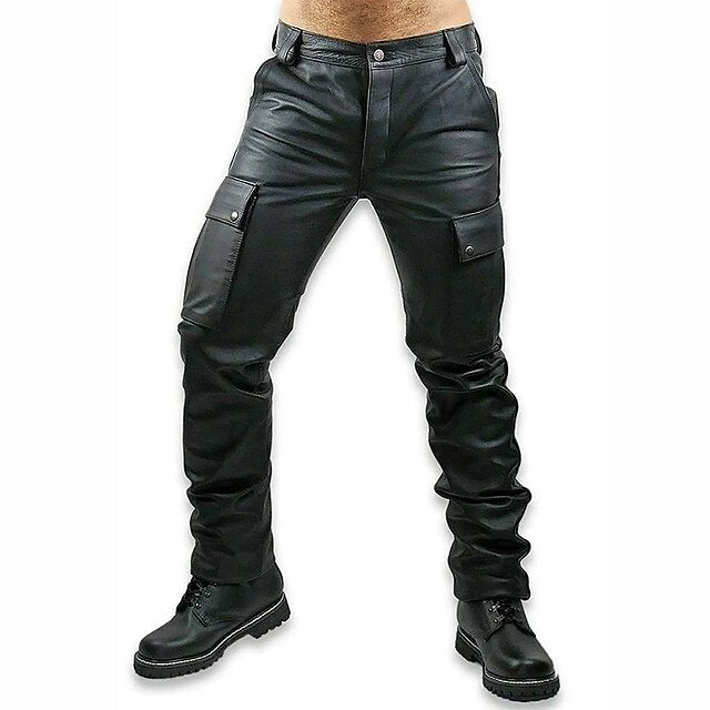 Leather Plain Casual Men's Pants Trousers Pocket Faux