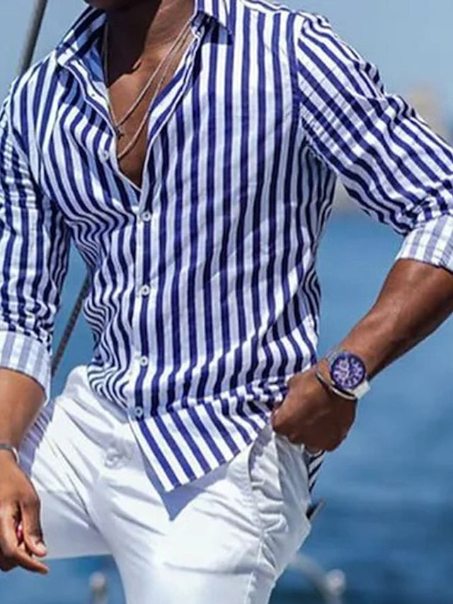 Shirt Striped Hawaiian Beach Summer Men's
