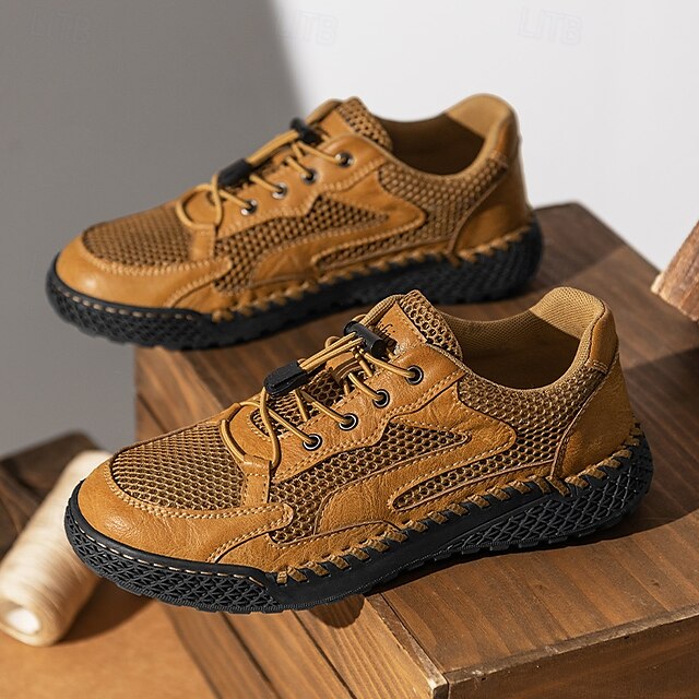 Men's Tan Breathable Mesh Lace-up with Design Sneakers