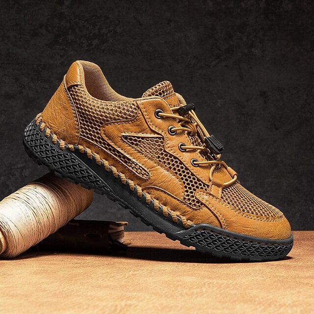 Men's Tan Breathable Mesh Lace-up with Design Sneakers