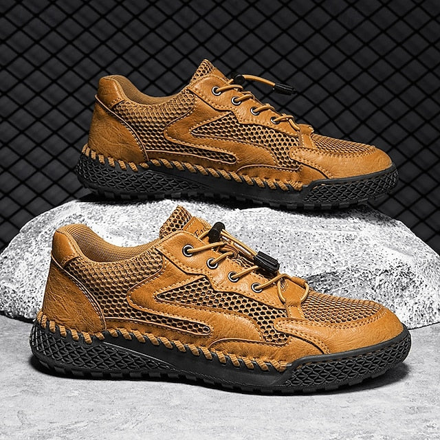 Men's Tan Breathable Mesh Lace-up with Design Sneakers