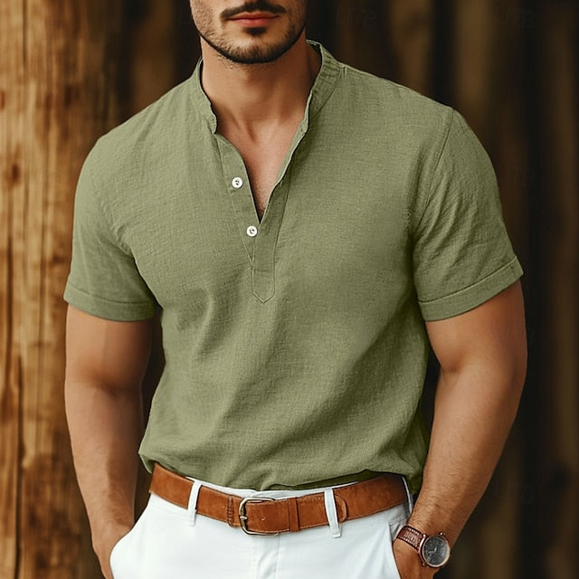 Collar Linen Shirt Popover Men's Band
