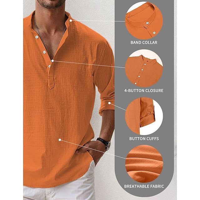 Band Linen Collar Popover Shirt Summer Men's