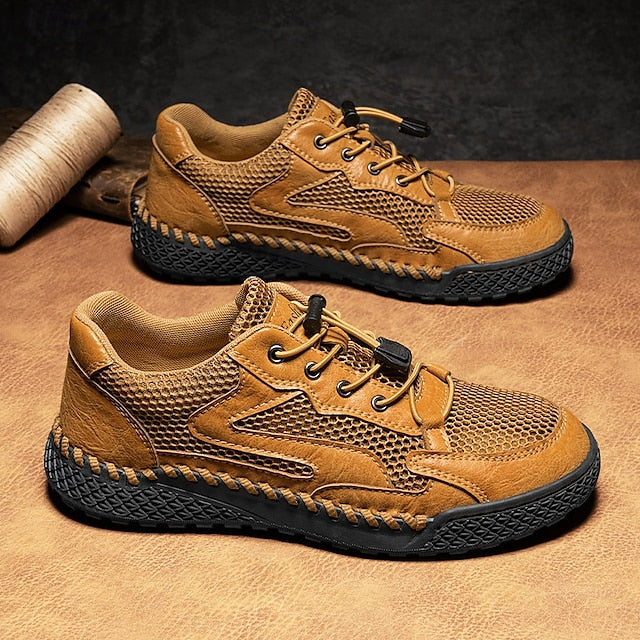 Men's Tan Breathable Mesh Lace-up with Design Sneakers