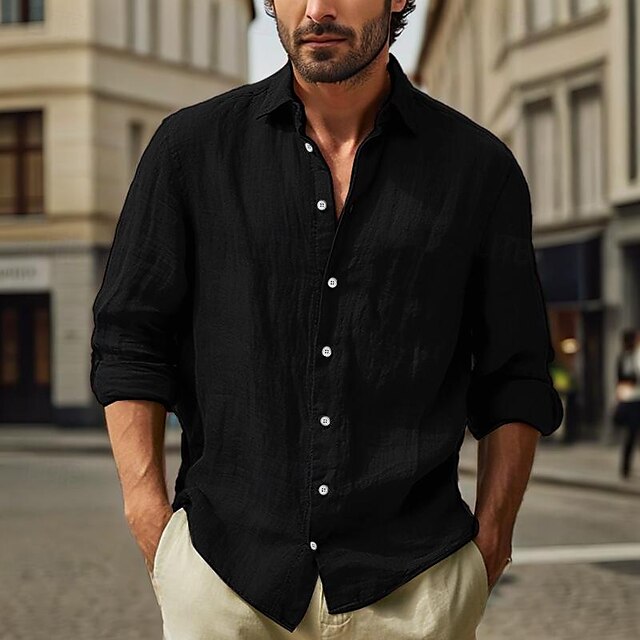 Linen Black Cotton White Pink Plain Vacation Shirt Men's