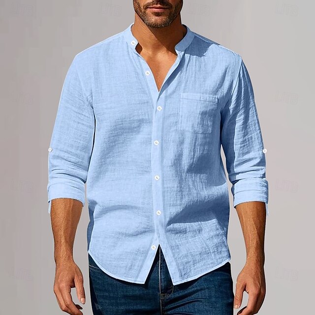 Shirt Vacation Men's Linen Cotton Plain Neck Plunging Beach