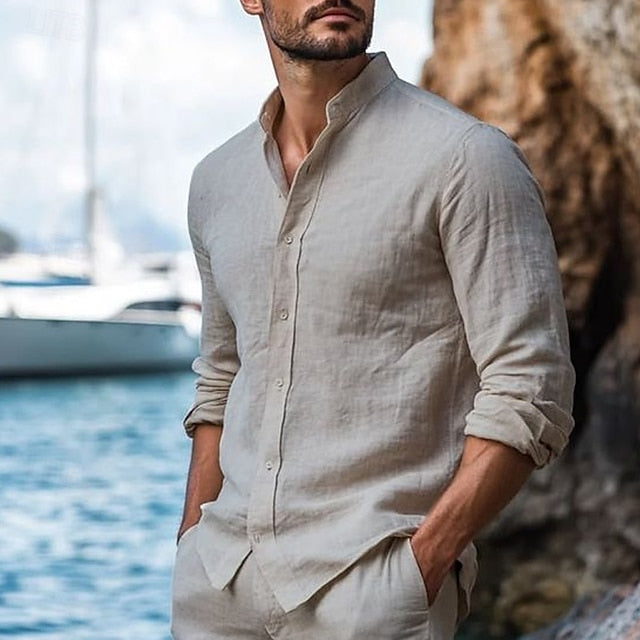 Summer Collar Linen Band Men's Shirt