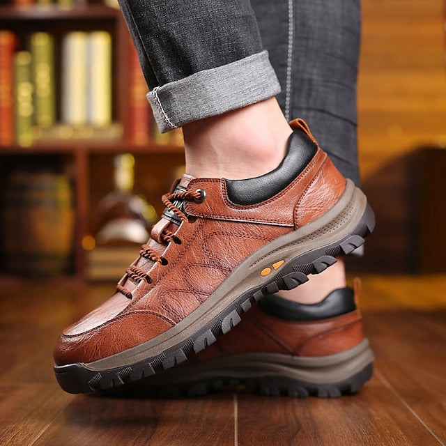 Faux Shoes Men's with Casual Hiking Non-Slip Leather Brown