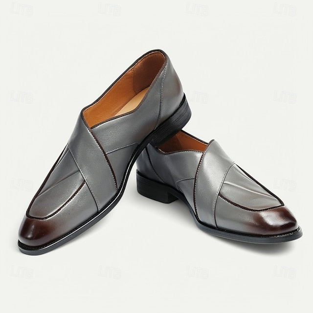 Loafers Men's Slip-On Strap - Cross Handmade Gray Leather