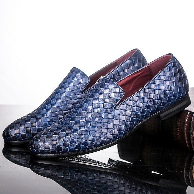 Leather Woven Blue Slip-On Loafers - Men's Stylish Faux