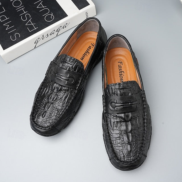 Leather Black with Loafers Faux Men's White Crocodile