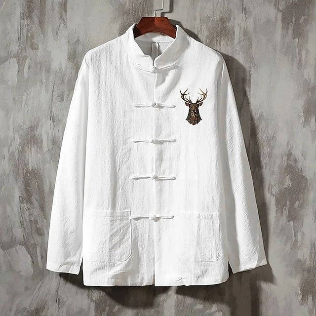 Linen Shirt Reindeer Men's Casual Button Up