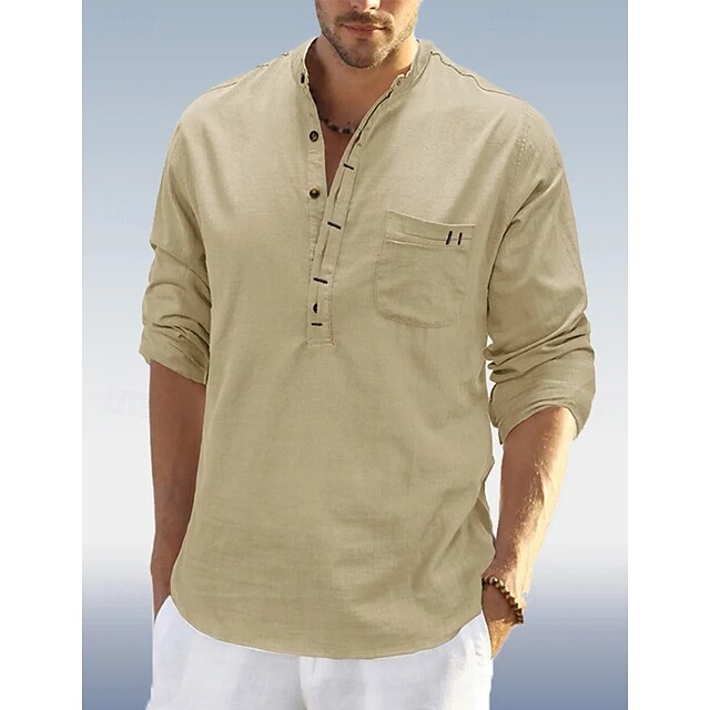 Band Linen Collar Popover Men's Shirt
